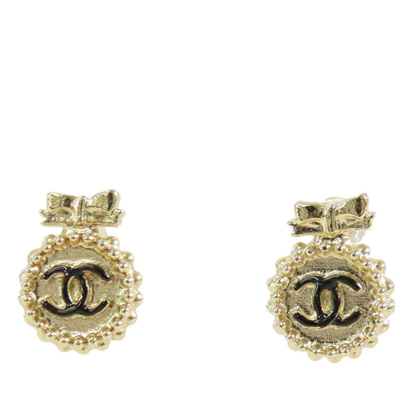 Chanel Gold Plated CC Ribbon Drop Bullet Backs Earrings Gold Metal Good condition - Front View