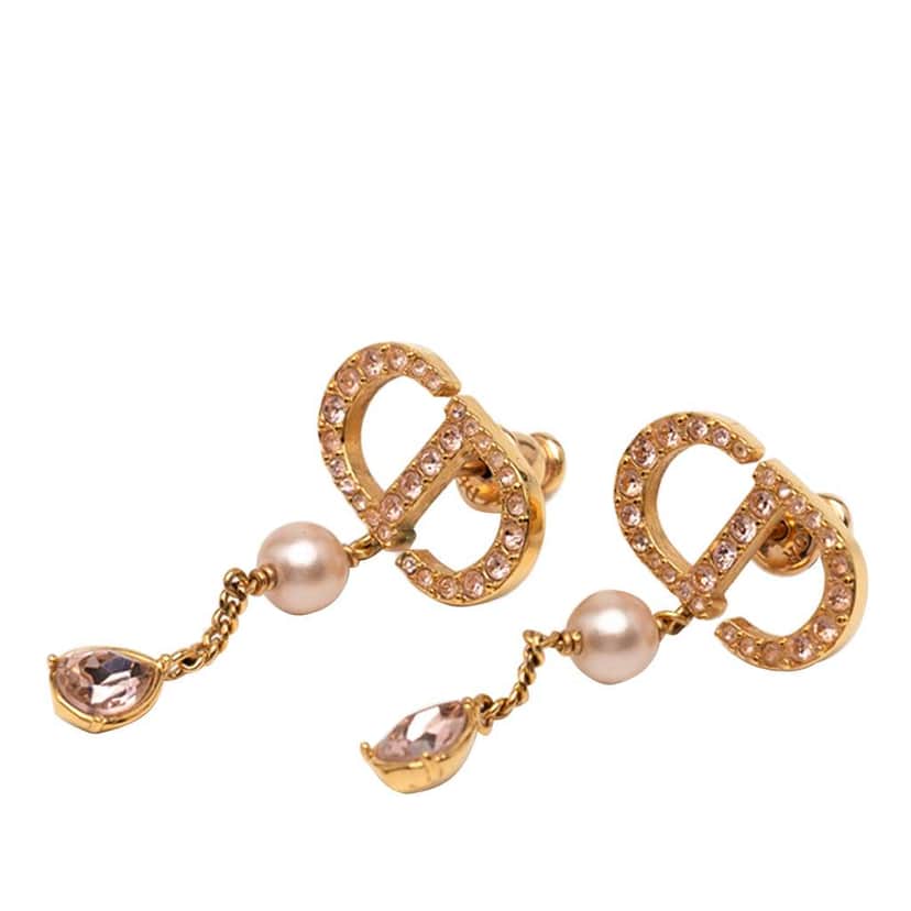 Dior Gold Plated Faux Pearl and Rhinestones Drop Push Back Earrings Gold Metal Good condition - Front View