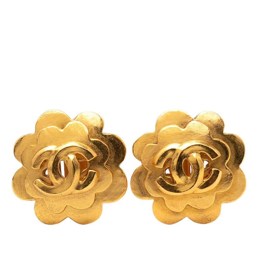 Chanel Gold Plated CC Camellia Clip On Earrings Gold Metal Good condition - Front View