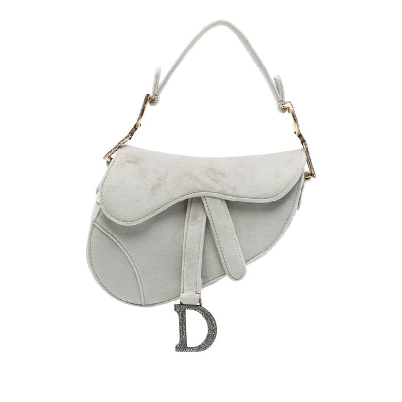 Dior Mini Velvet Crystal Embellished Hardware Saddle Bag Grey Velvet Good condition - Front View