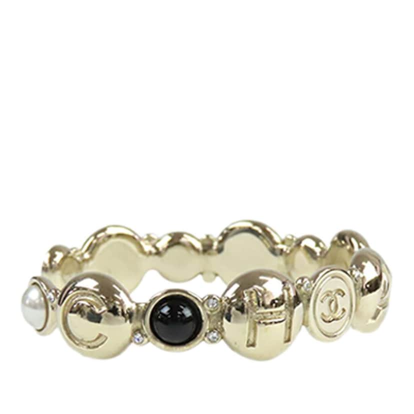 Chanel Gold Plated Faux Pearl and Resin CC Cuff Bangle Bracelet Gold Metal Good condition - Front View