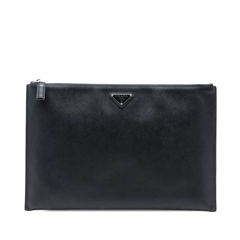 Prada Saffiano Clutch Black Leather Good condition - Front View