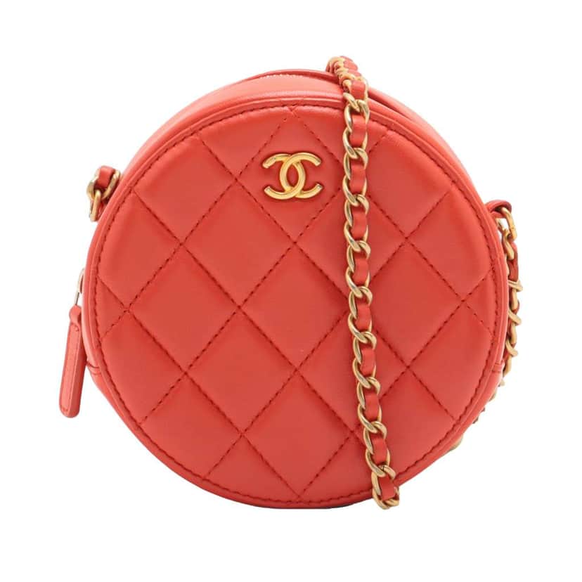 Chanel CC Quilted Lambskin Pearl Crush Round Clutch with Chain Orange Leather Good condition - Front View
