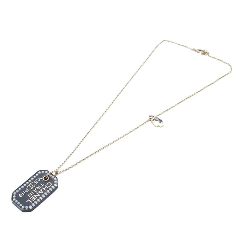 Chanel Gold Plated Resin Train Tag Pendant Necklace Gold Metal Good condition - Front View
