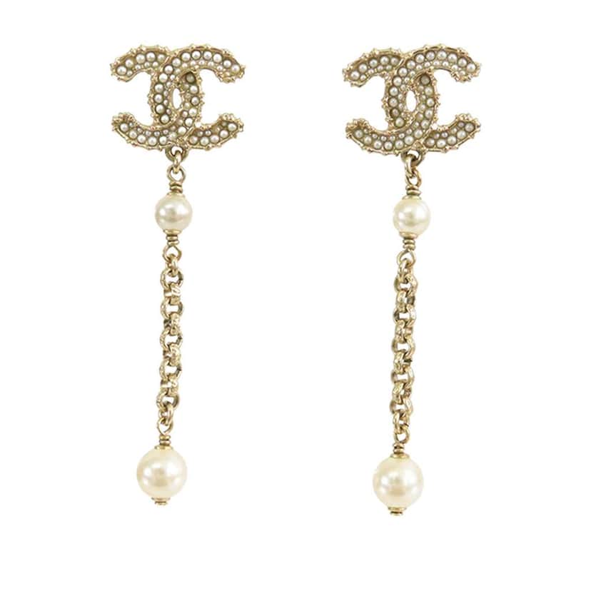Chanel Gold Plated Faux Pearl CC Dangle Bullet Back Earrings Gold Metal Good condition - Front View