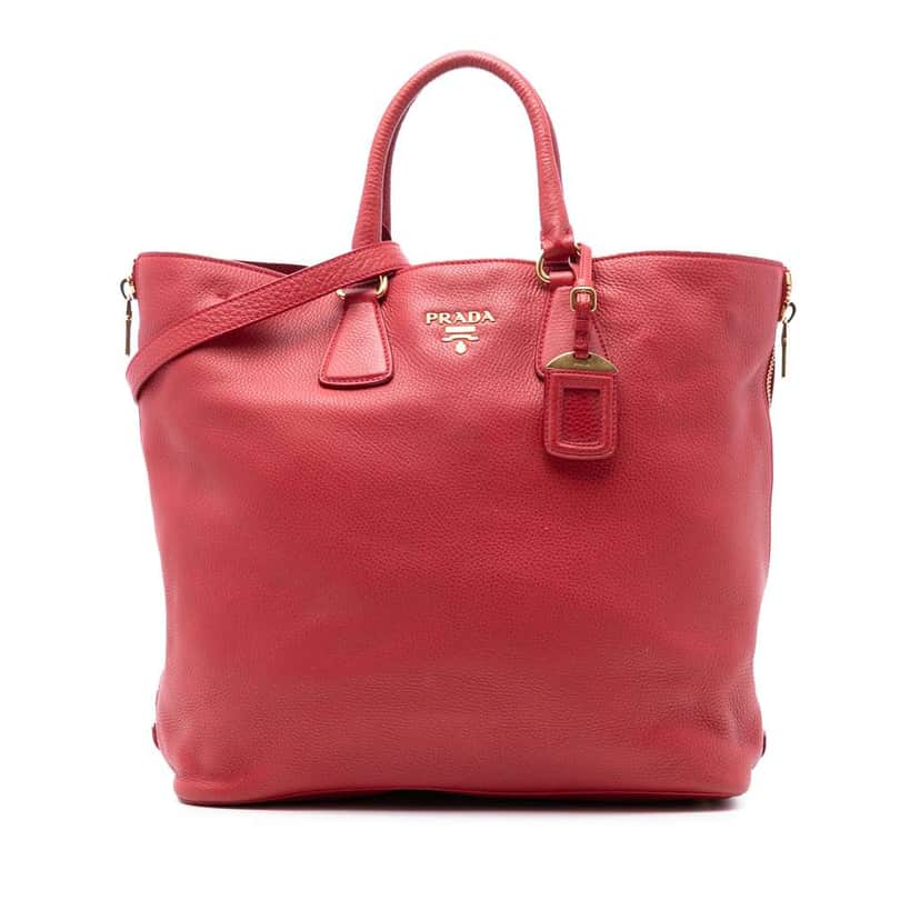 Prada Vitello Daino Side Zip Shopper Tote Red Leather Very good condition - Front View