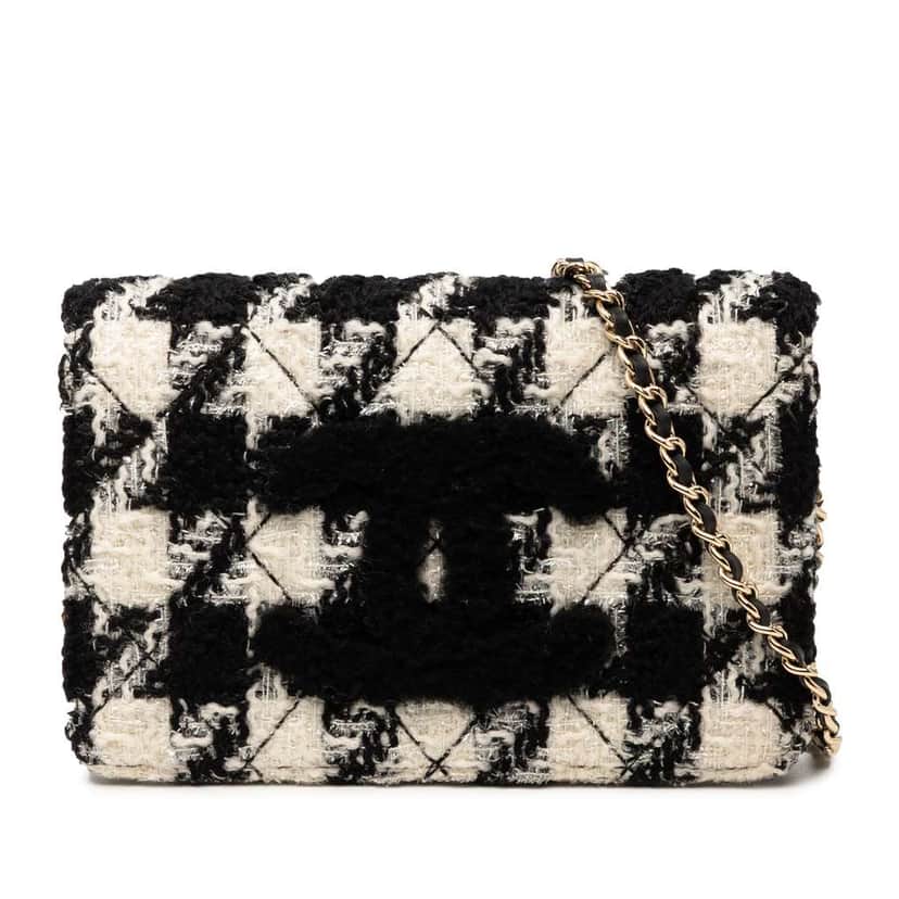 Chanel CC Houndstooth Tweed Wallet On Chain Black Tweed Good condition - Front View