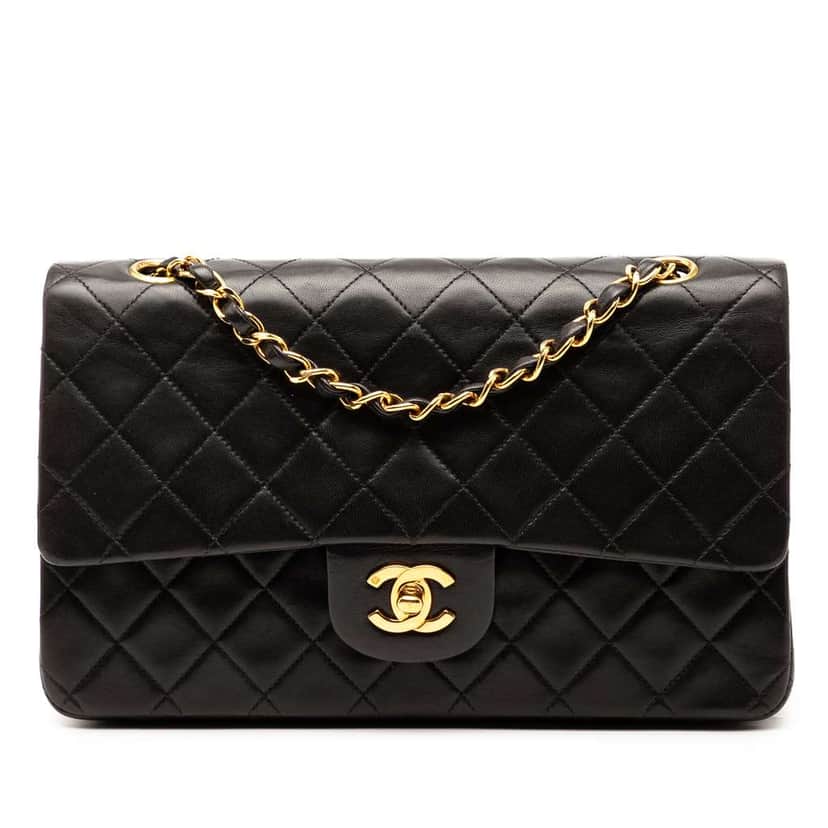 Chanel Medium Classic Lambskin Double Flap Black Leather Good condition - Front View