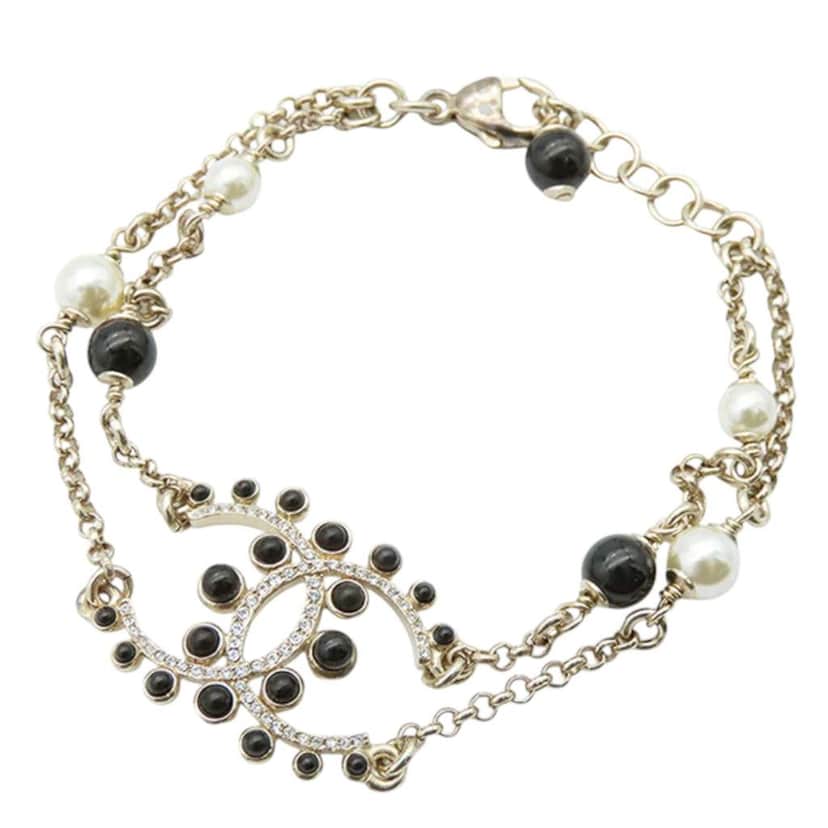 Chanel Gold Plated CC Faux Pearl Rhinestones Bracelet Gold Metal Very good condition - Front View
