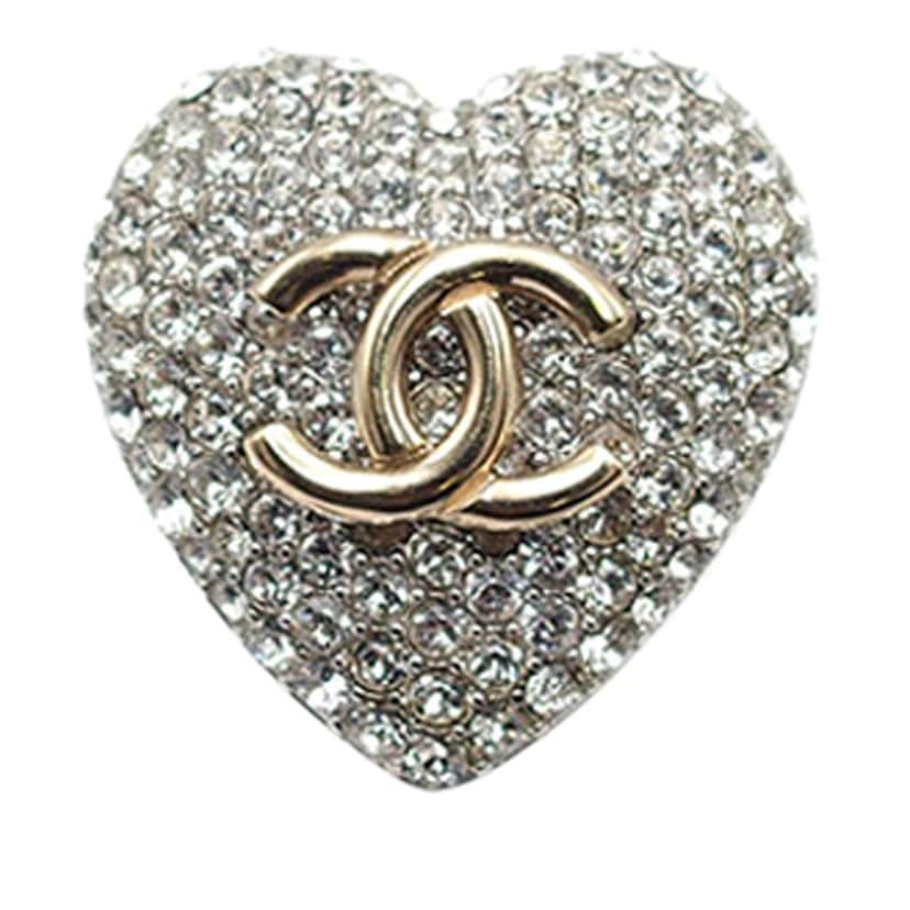 Chanel Silver Plated Crystal CC Heart Ring Silver Metal Good condition - Front View