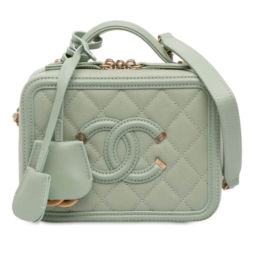 Chanel Small Caviar CC Filigree Vanity Case Green Leather Good condition - Front View