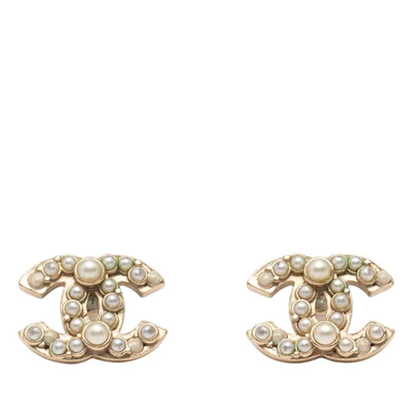 Chanel CC Gold Plated Faux Pearl Push Back Earrings Gold Metal Good condition - Front View
