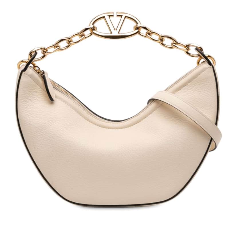 Valentino Small Grainy Calfskin VLogo Moon Hobo White Leather Good condition - Front View