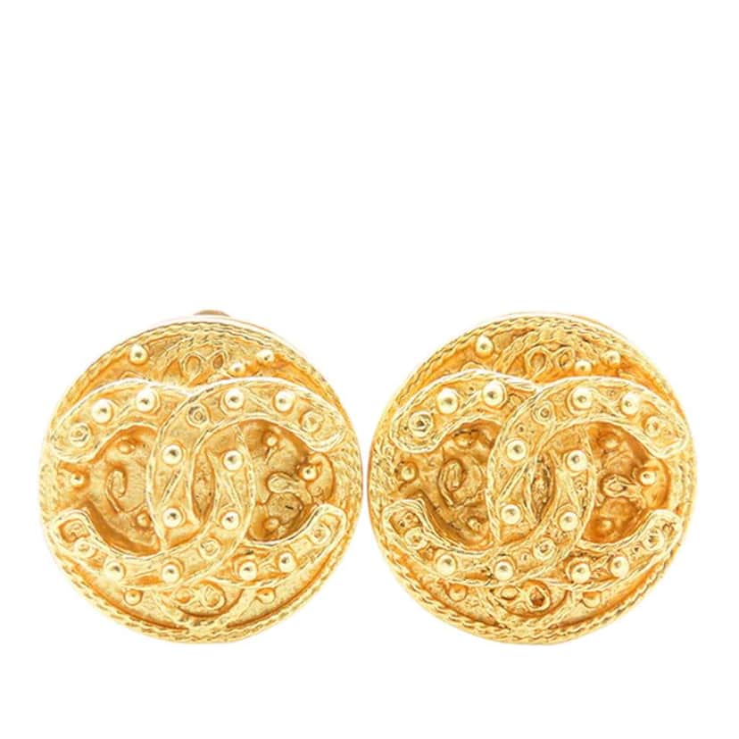 Chanel CC Gold Plated Round Clip On Earrings Gold Metal Good condition - Front View
