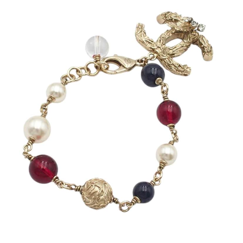 Chanel CC Gold Plated Faux Pearl Beaded Bracelet Gold Metal Good condition - Front View