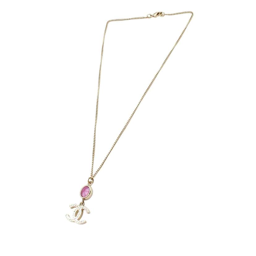 Chanel CC Gold Plated Rhinestone Pendant Necklace Gold Metal Good condition - Front View