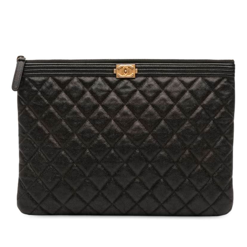 Chanel Medium Quilted Caviar Boy O Case Clutch Black Leather Very good condition - Front View