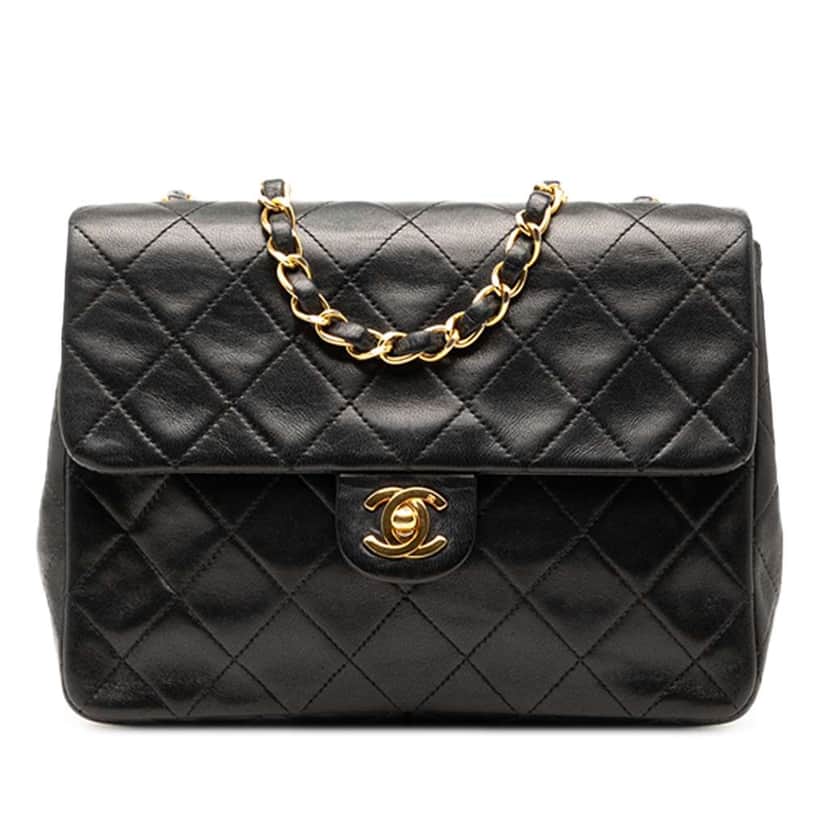 Chanel Mini Square Lambskin Straight Single Flap Black Leather Good condition - Front View