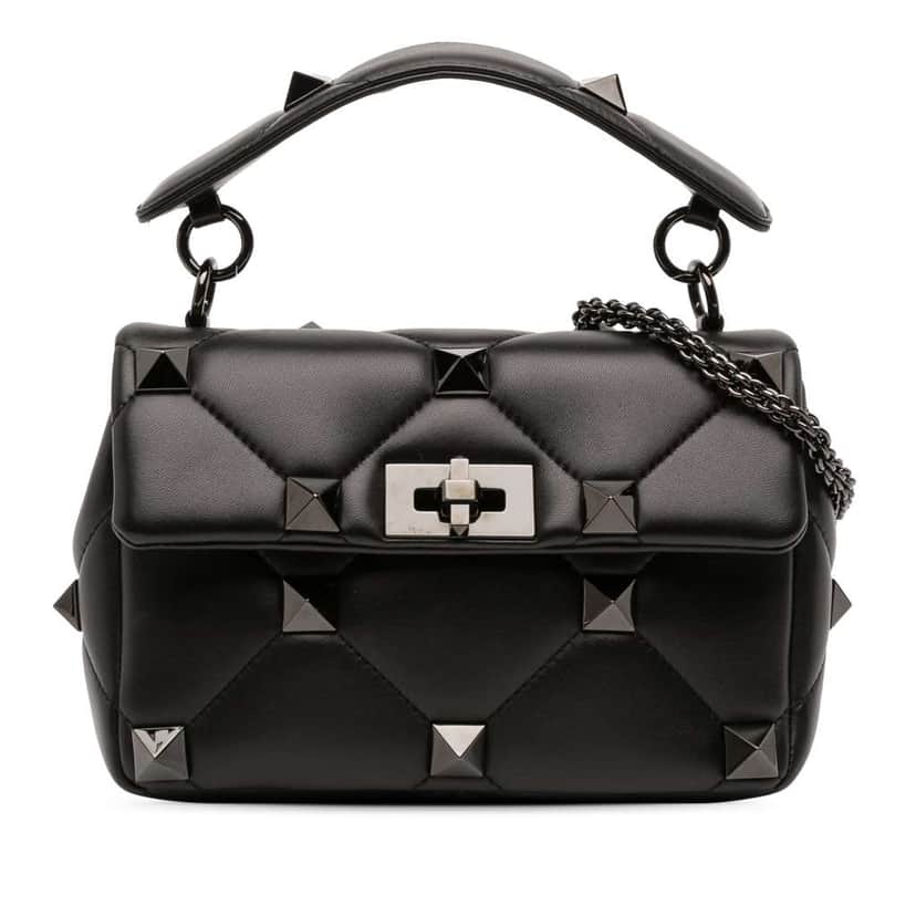 Valentino Medium Nappa Monochrome Roman Stud Satchel Black Leather Good condition - Front View