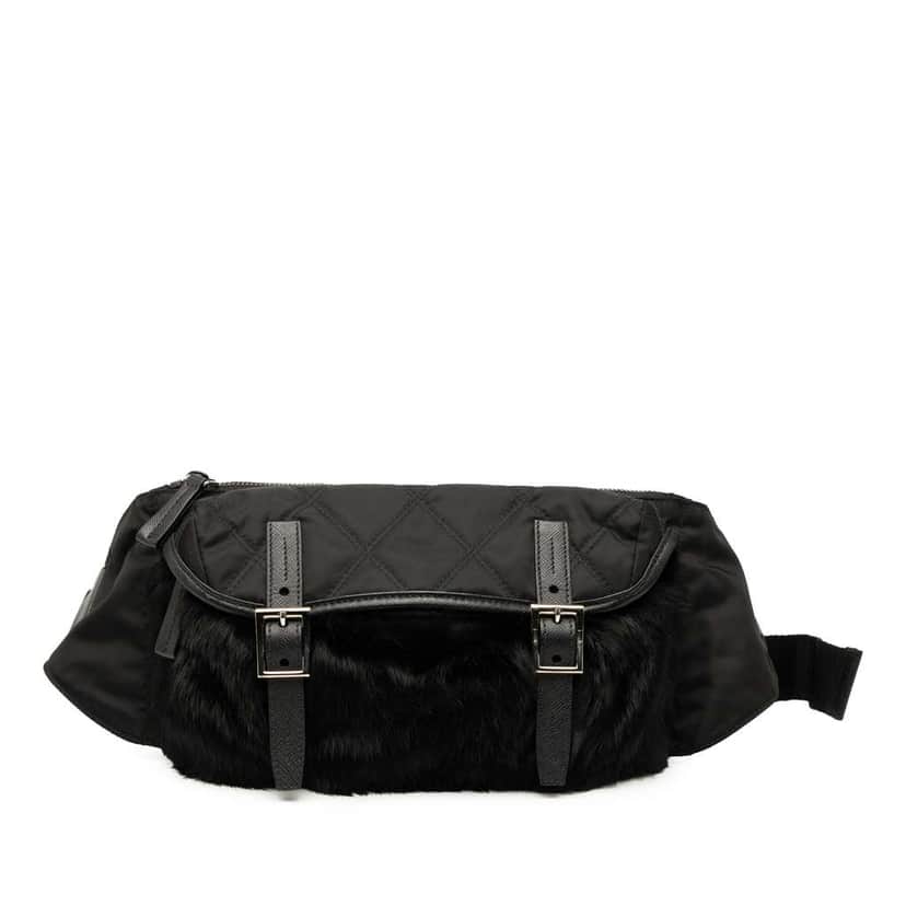 Prada Saffiano Trimmed Impuntu Tessuto and Fur Double Buckle Belt Bag Black Good condition - Front View