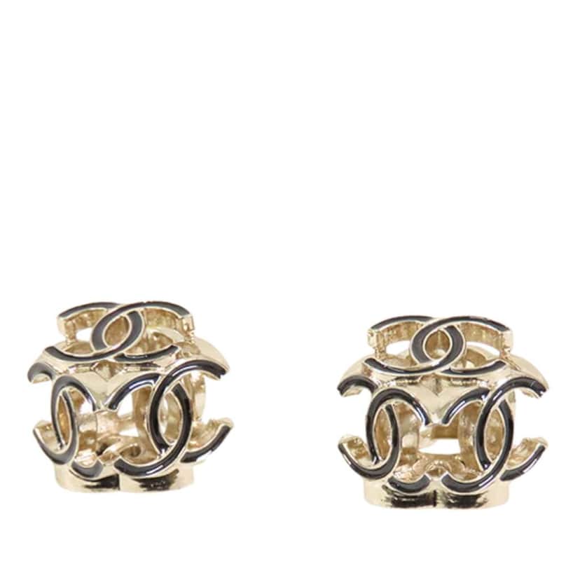 Chanel CC Gold Plated Enamel Cube Logo Push Back Earrings Gold Metal Good condition - Front View