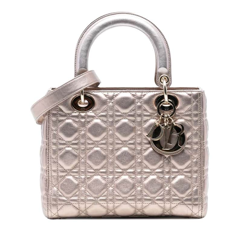Dior Medium Metallic Lambskin Cannage Lady Dior Gold Leather Good condition - Front View