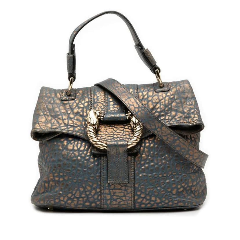Bvlgari Croc Embossed Metallic Leather Leoni Satchel Blue Leather Good condition - Front View