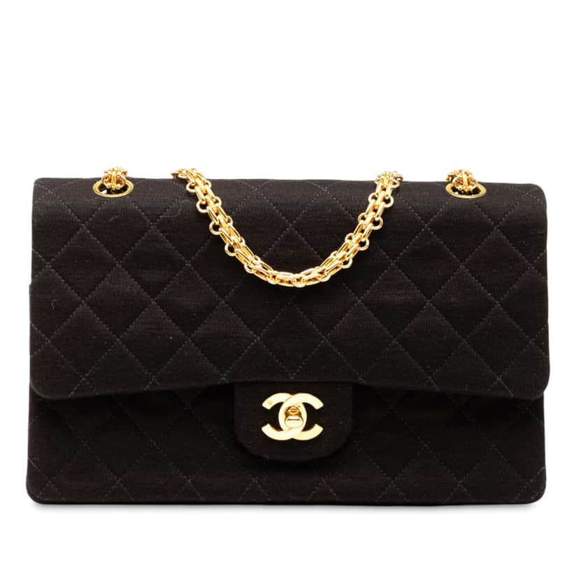 Chanel Medium Classic Jersey Bijoux Chain Double Flap Black Cotton Good condition - Front View