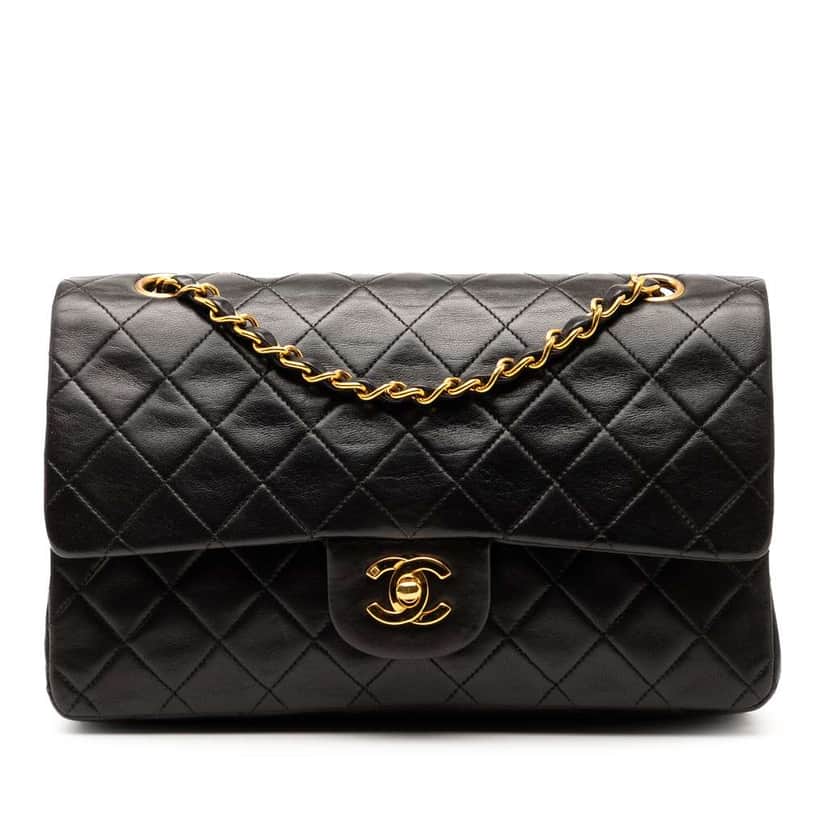Chanel Medium Classic Lambskin Double Flap Black Leather Good condition - Front View