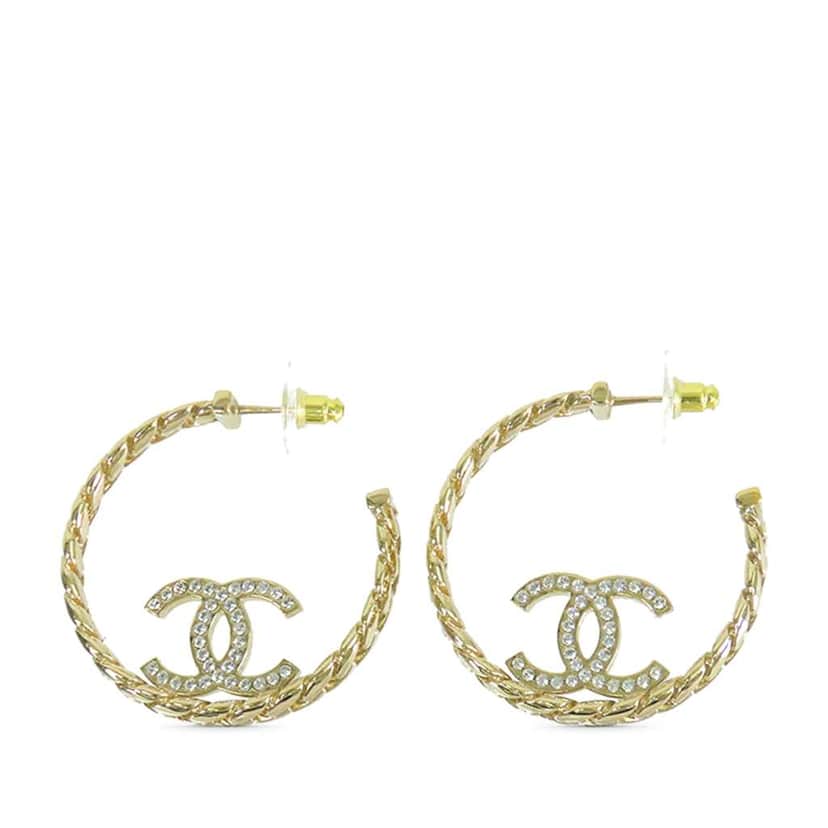 Chanel CC Gold Plated Crystal Chain Hoop Earrings Gold Metal Good condition - Front View