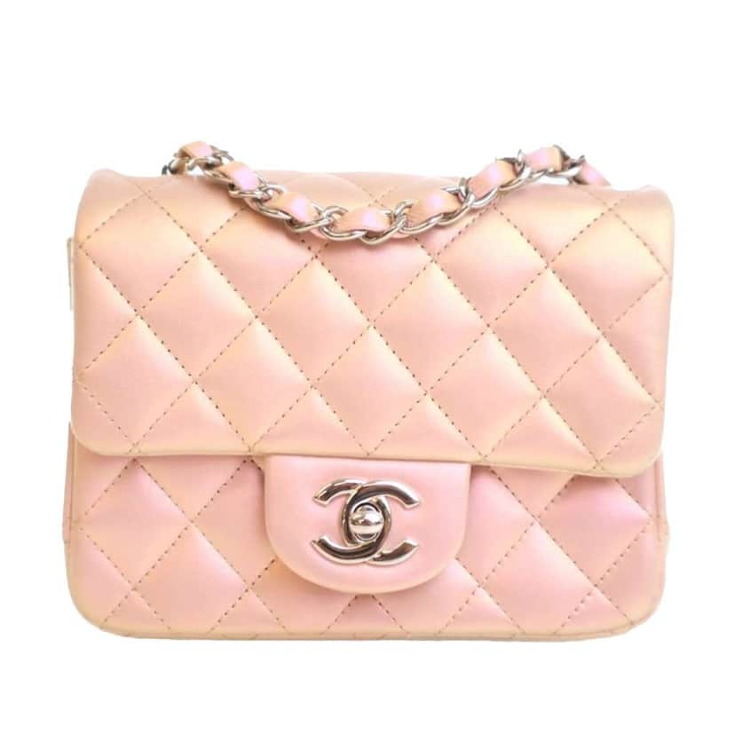 Chanel Mini Square Classic Iridescent Calfskin Single Flap Pink Leather Good condition - Front View