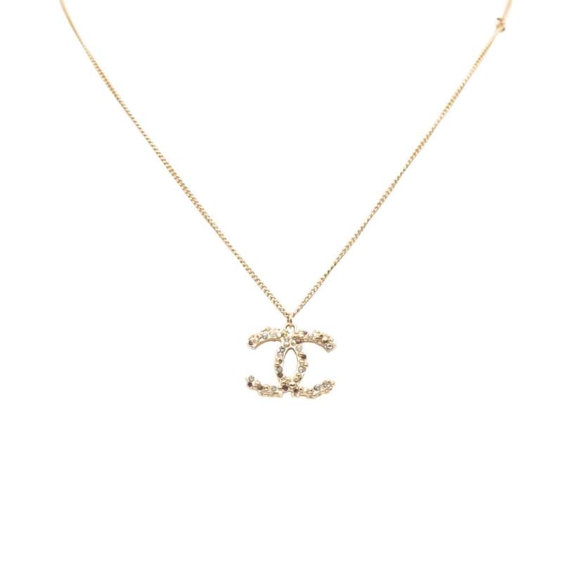 Chanel Gold Plated CC Rhinestones Pendant Necklace Gold Metal Good condition - Front View