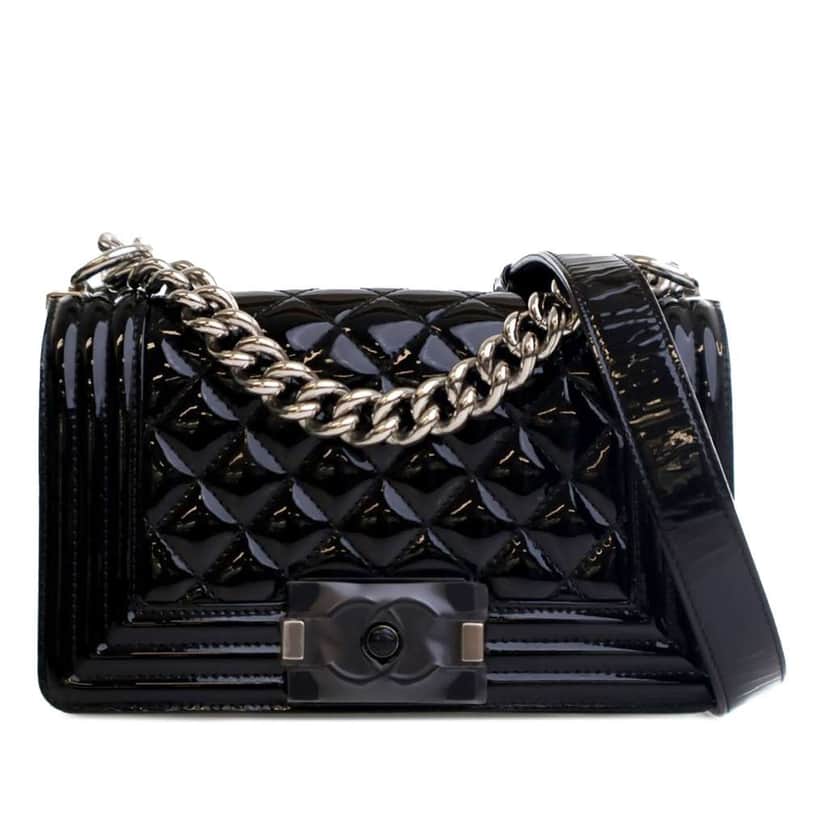 Chanel Small Quilted Patent Boy Flap Black Leather Good condition - Front View