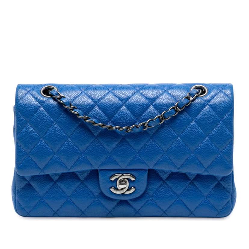 Chanel Medium Classic Caviar Double Flap Blue Leather Good condition - Front View