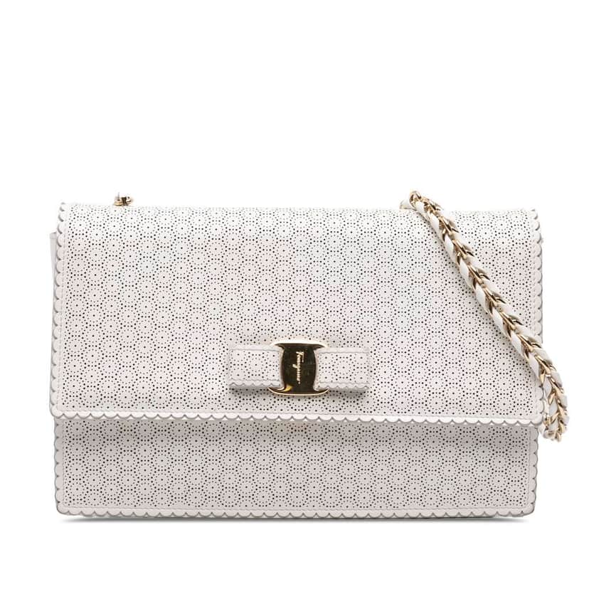 Salvatore Ferragamo Medium Perforated Leather Vara Ginny Crossbody White Leather Good condition - Front View