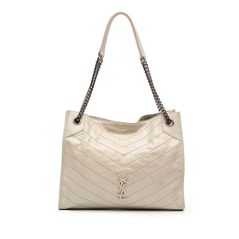 Saint Laurent Medium Crinkled Calfskin Monogram Niki Shopper Tote White Leather Good condition - Front View