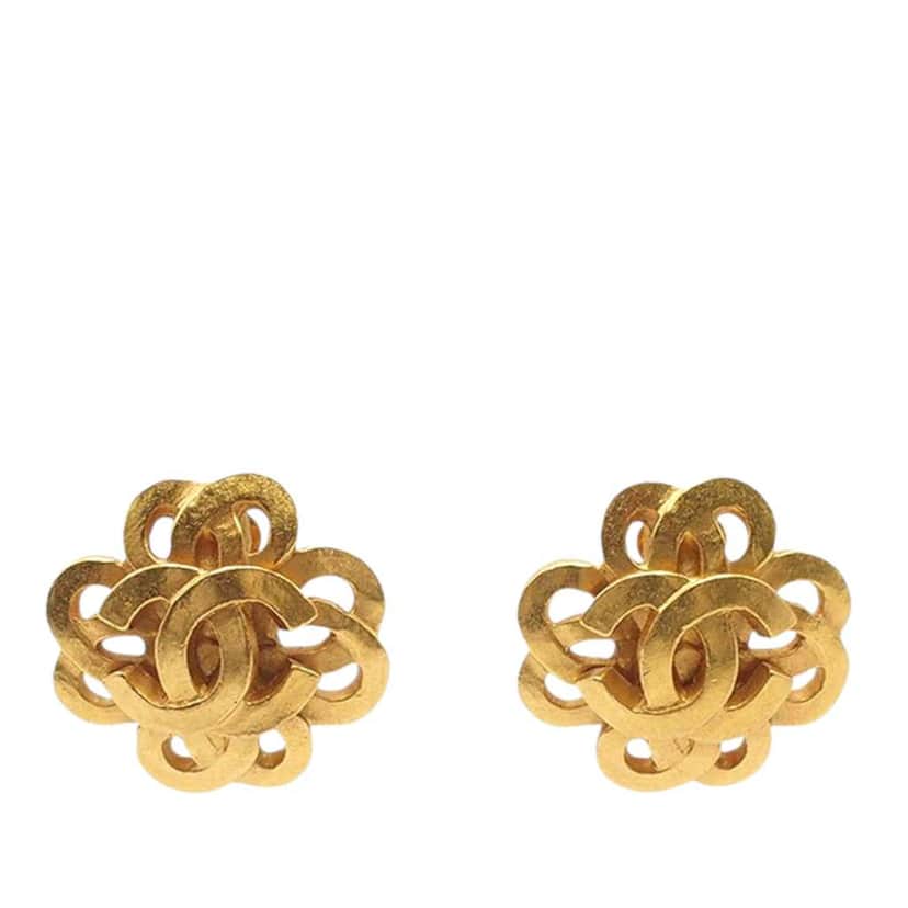Chanel Gold Plated CC Flower Clip On Earrings Gold Metal Good condition - Front View