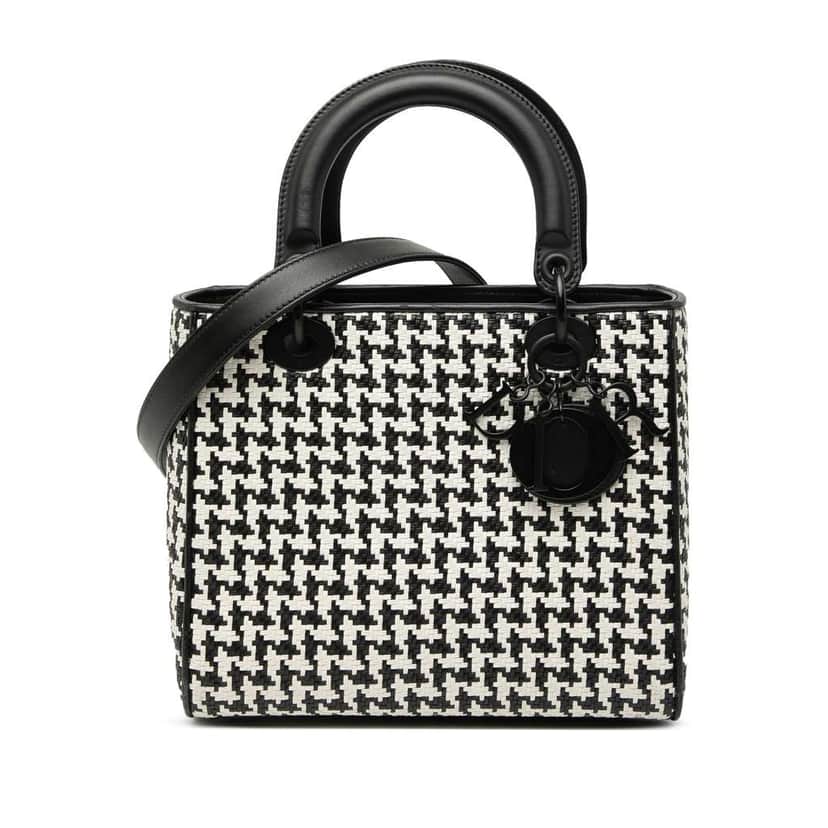 Dior Medium Calfskin Woven Houndstooth Lady Dior Black Leather Good condition - Front View