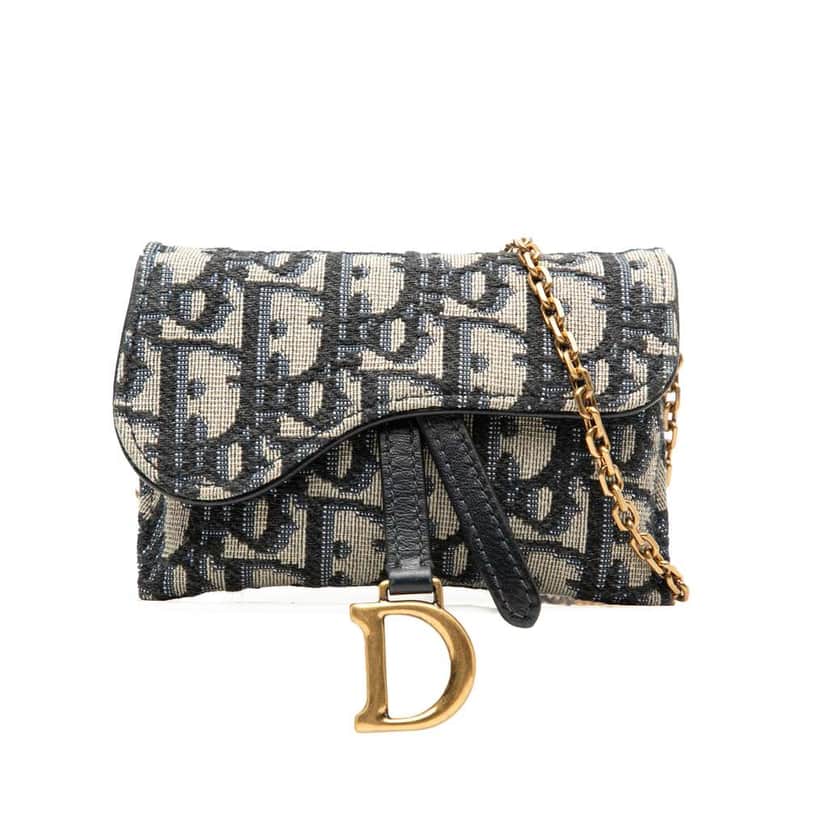 Dior Nano Oblique Canvas Saddle Chain Pouch Blue Canvas Good condition - Front View