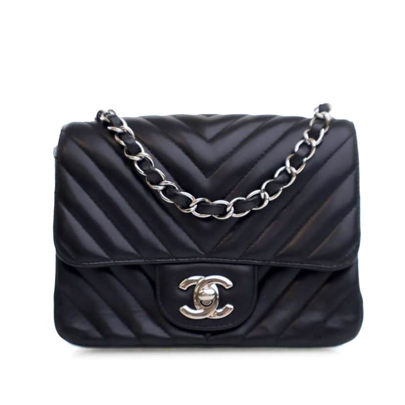 Chanel Mini Square Classic Chevron Lambskin Single Flap Black Leather Good condition - Front View