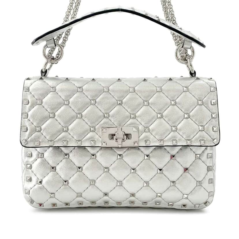 Valentino Medium Lambskin Rockstud Spike Satchel Silver Leather Good condition - Front View
