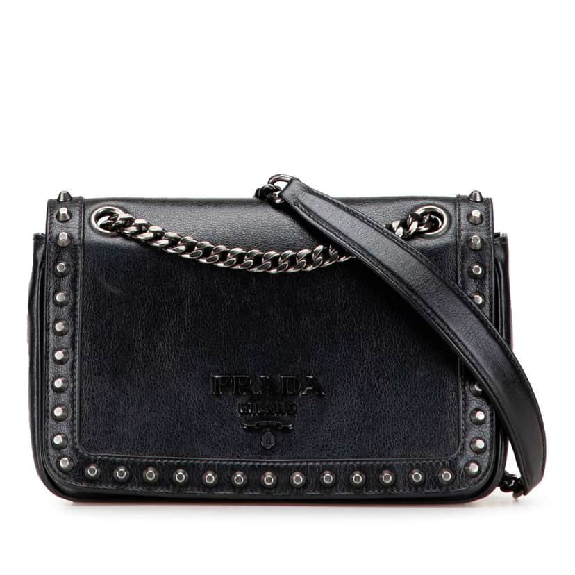 Prada Small Studded Glace Calf Chain Flap Black Leather Good condition - Front View