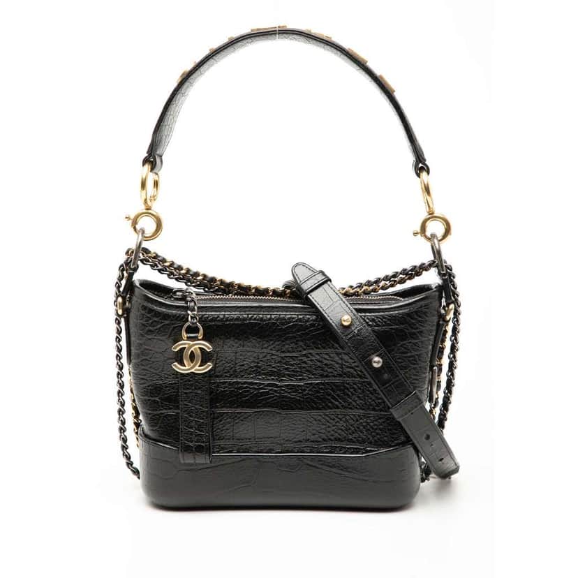 Chanel Small Croc Embossed Calfskin Gabrielle Hobo Black Leather Good condition - Front View
