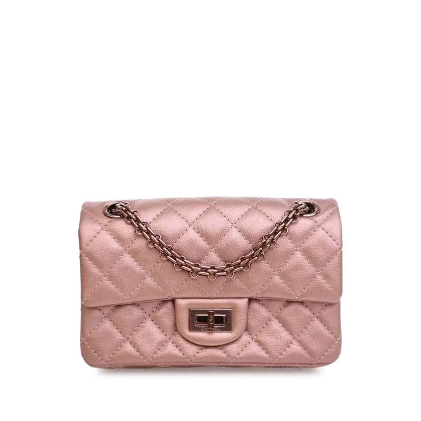 Chanel Reissue 2.55 Metallic Calfskin Rose Gold Hardware Single Flap 224 Pink Leather Good condition - Front View