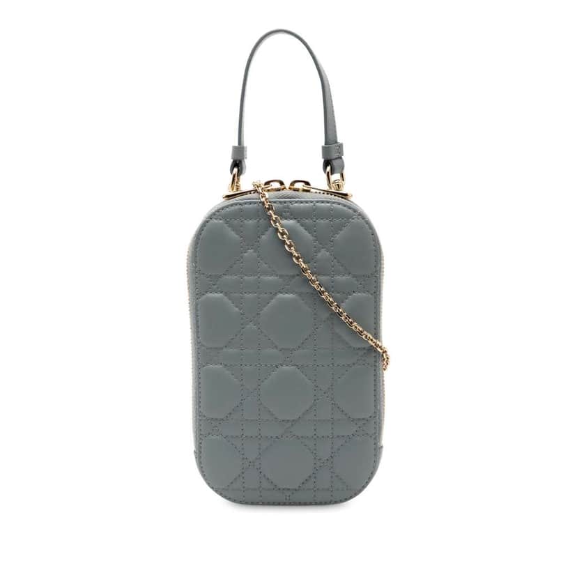 Dior Lambskin Cannage Lady Dior Call in Phone Holder Blue Leather Good condition - Front View