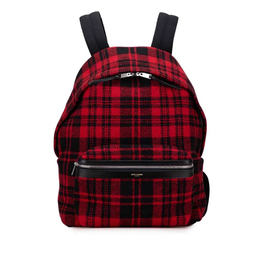 Saint Laurent Wool Tartan City Backpack Red Wool Good condition - Front View