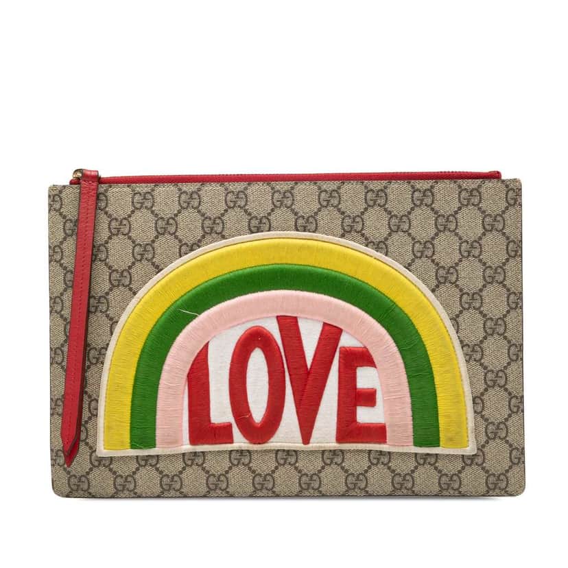 Gucci GG Supreme Rainbow Love Patch Clutch Brown Canvas Good condition - Front View