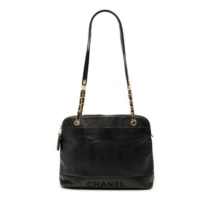 Chanel Caviar Logo Chain Shoulder Bag Black Leather Very good condition - Front View