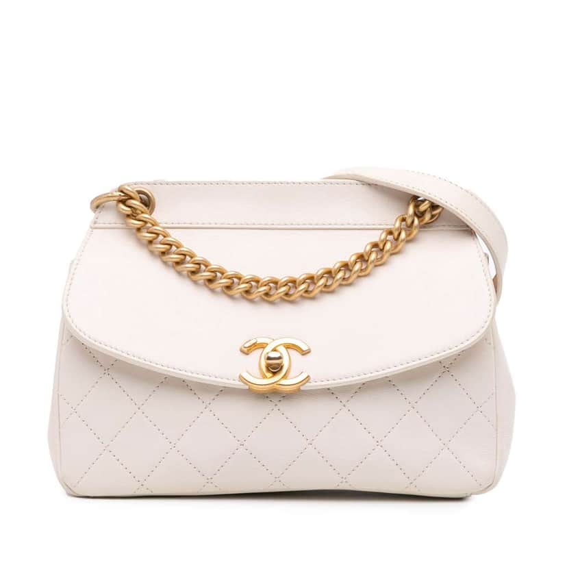 Chanel Quilted Lambskin Curved Flap White Leather Good condition - Front View