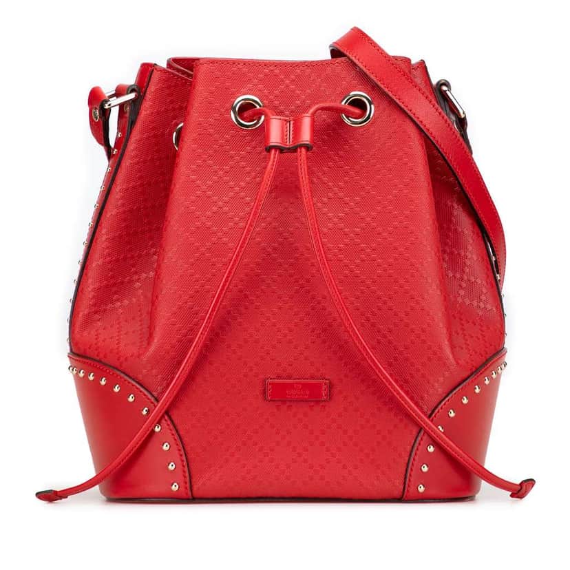 Gucci Medium Diamante Calfskin Studded Bright Bucket Bag Red Leather Good condition - Front View
